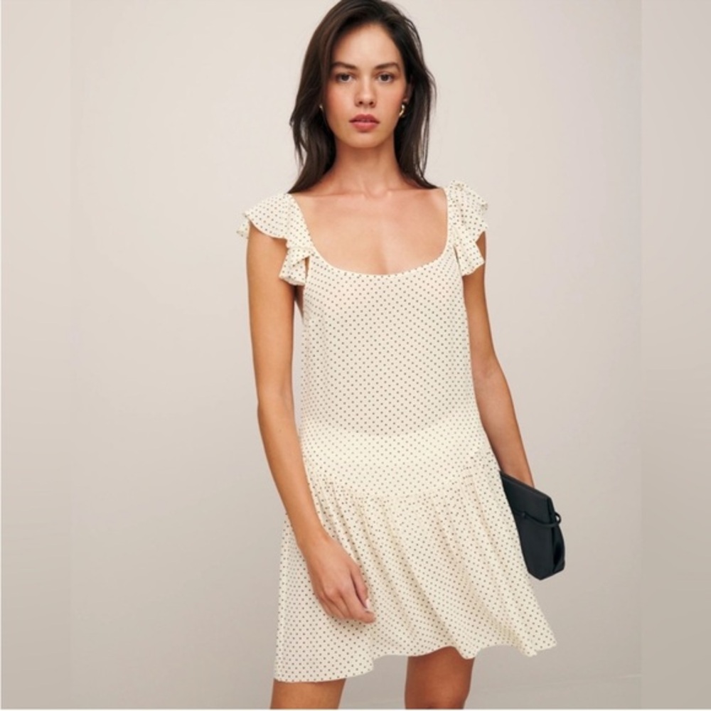 Reformation Cream Mini Dress with Black Polka Dots